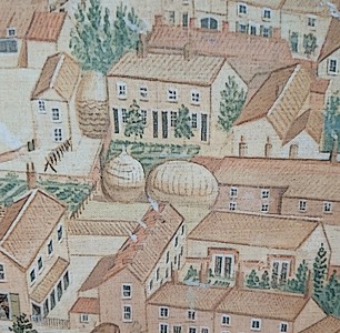 Stacks of hay and straw in the town