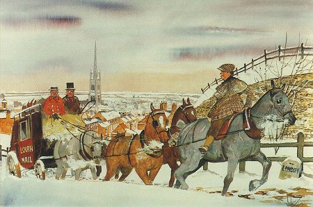 Mail coach departing in snow.  D Cuppleditch